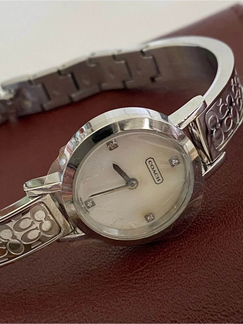 Coach Signature 0277 Silver Bangle Watch with Crystals and Mother-of-Pearl Dial